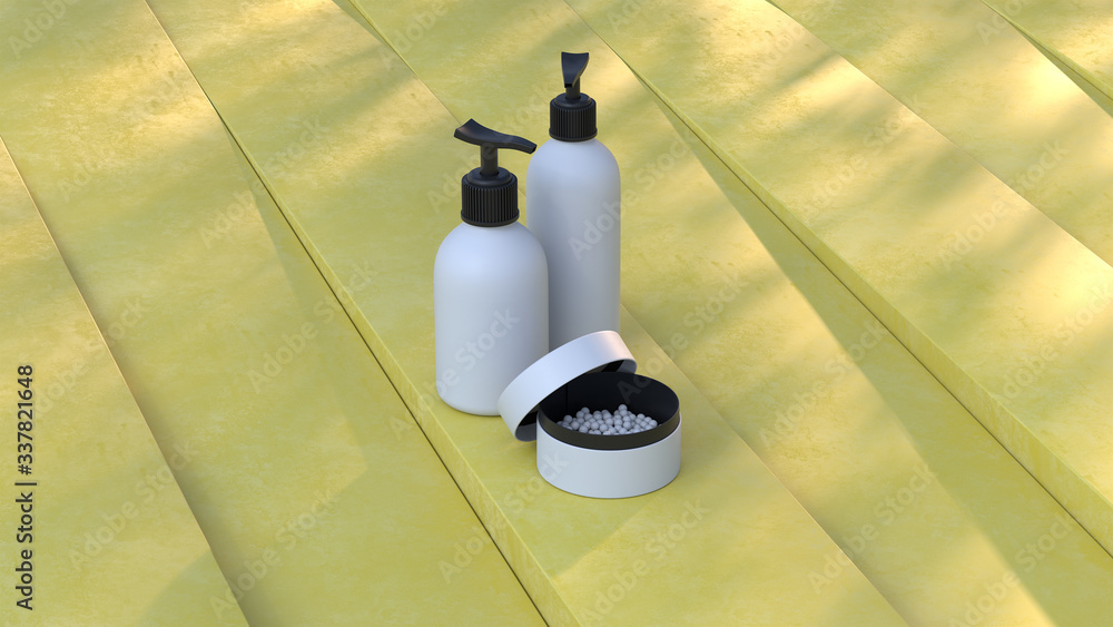 Aufkleber white box with balls and two white bottle on yellow massive blocks with different directions on sunl