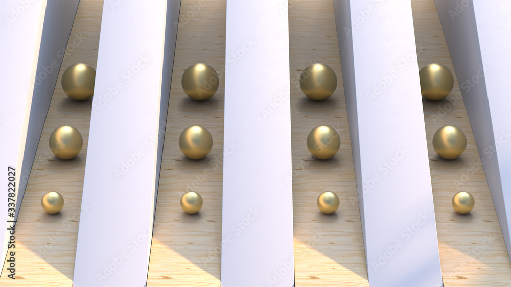 Poster gold spheres with white and wooden massive blocks with different directions on sunlight with trees s