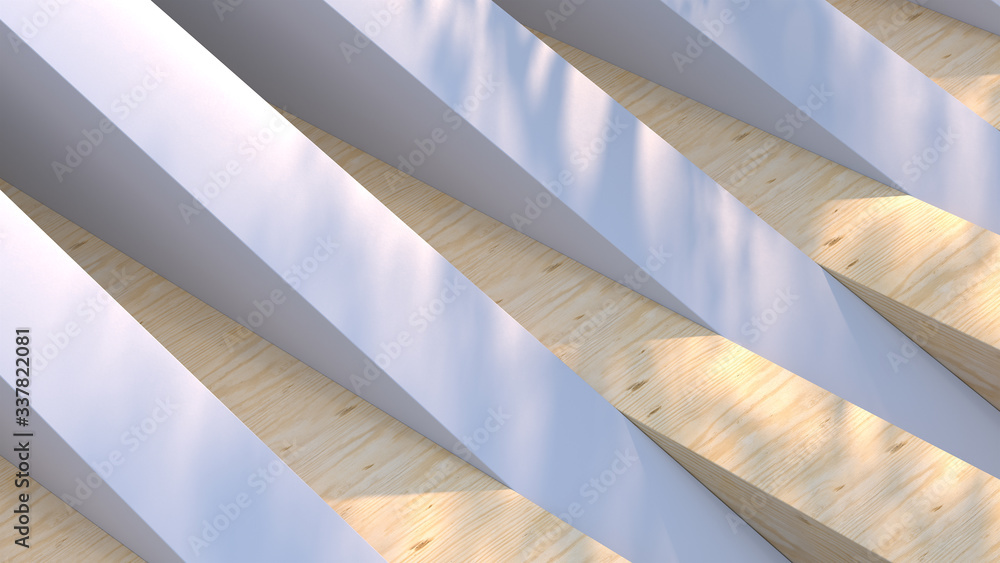 Poster black and wooden massive blocks with different directions on sunlight with trees shadow. abstract 3d