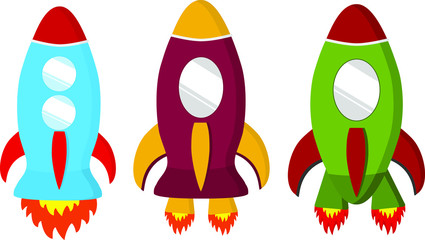 Set of vector colorful cartoons rockets isolated on white background. Astronomy and space, cosmic theme