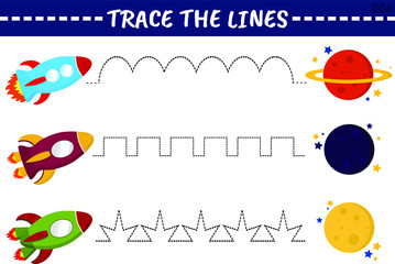 Trace line worksheet for kids with colorful rockets, practicing fine motor skills. Educational game for preschool kids. Vector illustration.