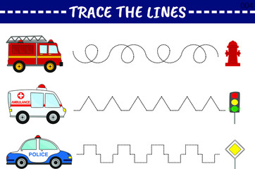 Trace line worksheet for kids with emergency vehicles, practicing fine motor skills. Educational game for preschool kids. Vector illustration.