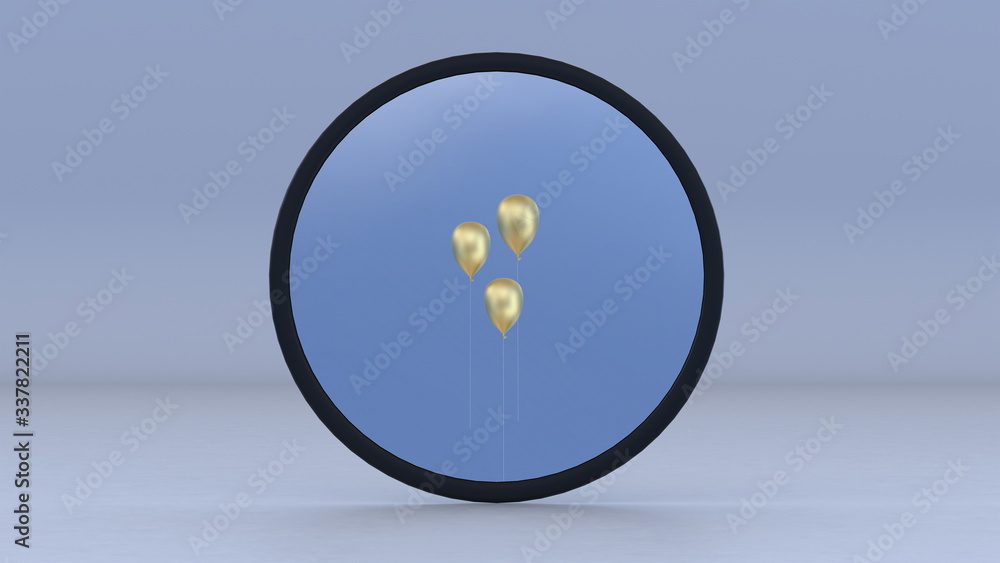 Aufkleber geometric composition with mirror with the reflection of three golden balloons. 3d background.