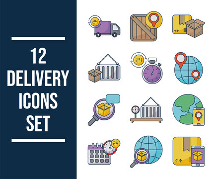 set of icons freight delivery logistics on white background