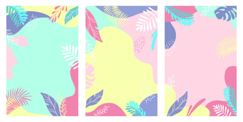 Fototapeta na wymiar Set modern artistic cards design template. Abstract background designs with tropical leaves . Colorful trendy shapes.Vector illustration.