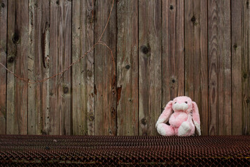 A lone pink plush rabbit sits on a bed near a wooden house. Bad weather, it was raining. Soft toy Bunny is waiting for its owner