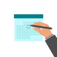 Hand businessman notes on calendar with pen. Date stamp circled. Day of week month. Strategic planning for team meetings. Vector flat style illustration.