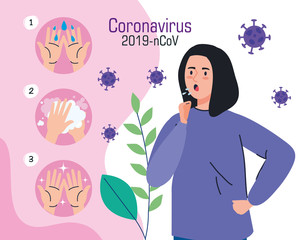 coronavirus 2019 ncov infographic with woman sick and wash hands frequently campaign vector illustration design