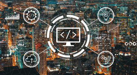 Web development concept with downtown Chicago cityscape skyscrapers