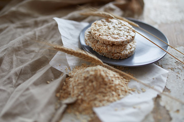 Cereal bread on vintage wooden table. Top side view with copy space. Selective focus