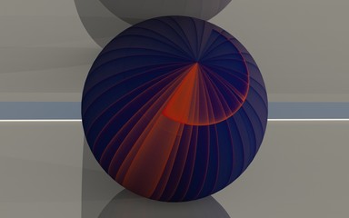 rendu 3D d'une sphère posée entre deux formes se confondant dans le lointain et faisant partie d'une série de variantes
