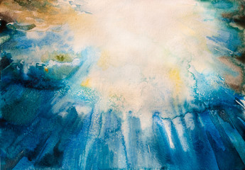 Dramatic watercolor underwater sea view to the sun, with sunlights going through the depth of water. Original free hand painting