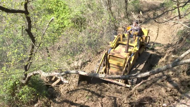 Operatore forestale apre pista con un pala cingolata
