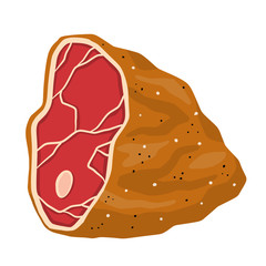 Piece of raw meat. Cut off half beef piece. Cartoon illustration. Element of kitchen, grill, BBQ, steak and delicious meal. Brown fried surface. Fresh red food with streaks and fat