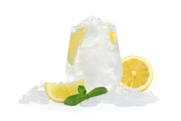 Water with ice cubes, mint and lemon isolated on white