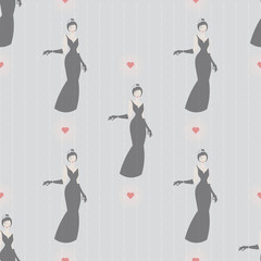seamless pattern with silhouette of an woman in a long black dress and heart