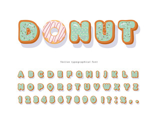 Donut hand drawn decorative font. Cartoon sweet letters and numbers. Cute design for girls. Birthday party celebration. Vector
