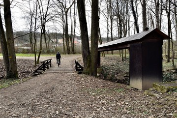 Ciclista en parque sobre un puente