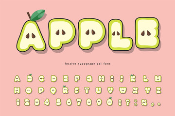 Cute summer apple font. Cartoon paper cut out alphabet for kids. Funny letters and numbers on pink. Vector