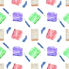 Watercolor seamless pattern with different soap on a white background. Print with handmade soap and sprigs of lavender. Pink, peach with speckles, green and purple unusual soap for hands.