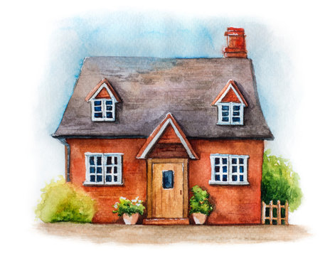 recommend clip art: Watercolor illustration of traditional English house isolated on white background. Hand drawn cozy village house with plants and sky 