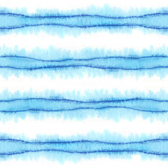 Abstract watercolor background. Hand drawn seamless pattern with blue stripes and waves. Turquoise color ornament. Isolated on white backdrop. For wallpaper, design print, textile.