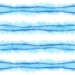 Foto op Plexiglas Aquarel prints Abstracte aquarel achtergrond. Hand getekende naadloze patroon met blauwe strepen en golven. Turkoois kleur sieraad. Geïsoleerd op een witte achtergrond. Voor behang, design print, textiel.