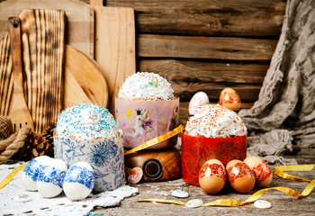 Easter, Easter cake on a dark background with a complex composition, beautiful scenery, rustic style. Cotolic easter