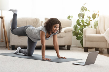 Fit Young Woman Excersising At Home, Watching Video Tutorial On Laptop