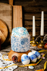 Easter, Easter cake on a dark background with a complex composition, beautiful scenery, rustic style. Orthodox Easter