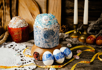 Easter, Easter cake on a dark background with a complex composition, beautiful scenery, rustic style. Cotolic easter