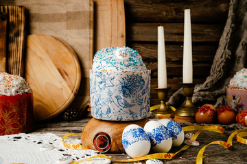 Easter, Easter cake on a dark background with a complex composition, beautiful scenery, rustic style. Orthodox Easter