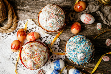 Easter, Easter cake on a dark background with a complex composition, beautiful scenery, rustic style. Orthodox Easter