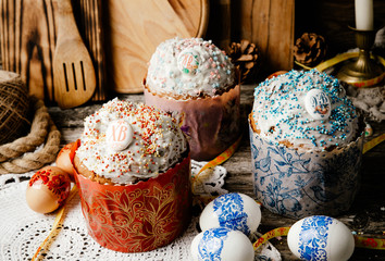 Easter, Easter cake on a dark background with a complex composition, beautiful scenery, rustic style. Cotolic easter