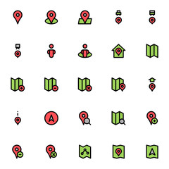 Set of Pin Location Map, Travel Direction filled style icon - vector