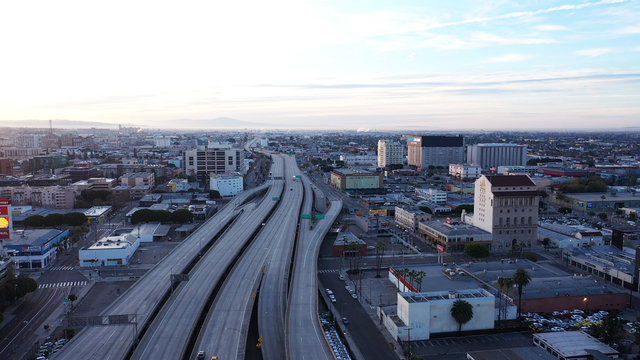 Empty freeway streets with almost no vehicles and people due to coronavirus ( COVID-19 ) virus outbreak and stay at home order and mandatory quarantine in Downtown, Los Angeles