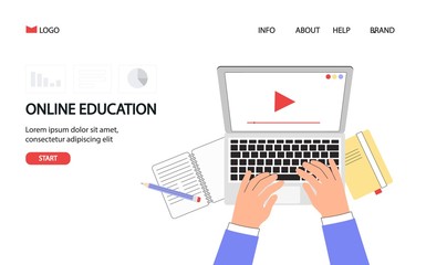 Online education concept for banner and website. Landing page template. Student's desktop with hand on laptop. Online training courses, distance education. Flat style vector illustration.