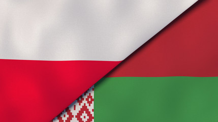 The flags of Poland and Belarus. News, reportage, business background. 3d illustration - obrazy, fototapety, plakaty