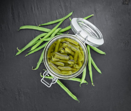 Preserved Green Beans (selective focus; close-up shot)