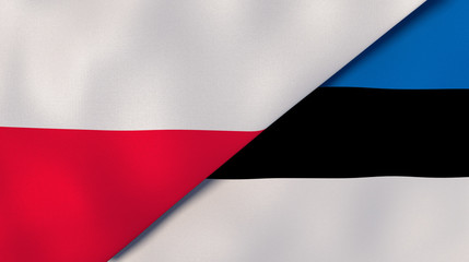 The flags of Poland and Estonia. News, reportage, business background. 3d illustration