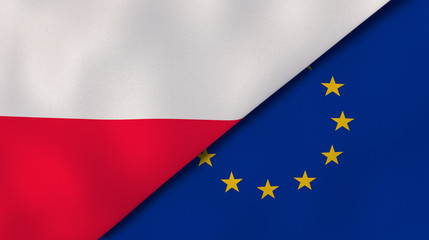 The flags of Poland and European Union. News, reportage, business background. 3d illustration