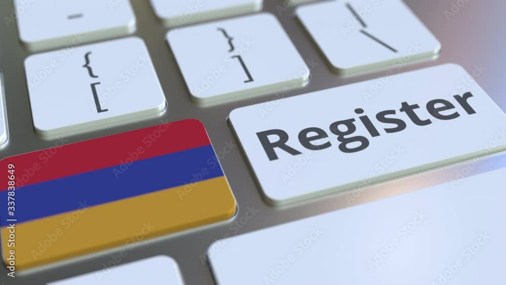 Poster register text and flag of armenia on the keyboard. online services related 3d animation