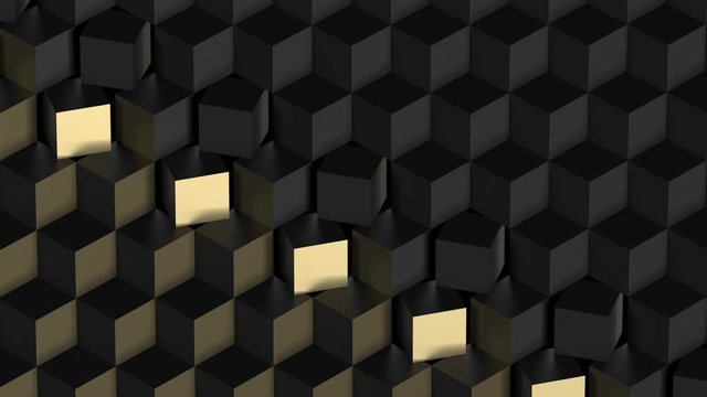 Black abstract technological background with gold cubes. Seamless loop