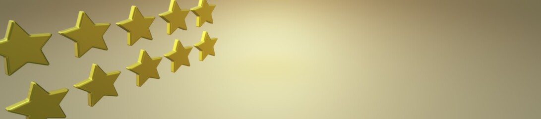 3d image of 10 gold stars on a gold background and place for text. Holiday card. Banner in the star style.