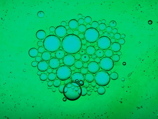 Mixing water and oil, beautiful colors. Green light. Close-up. Abstract macro background. Water and oil bubbles. Abstract light illumination