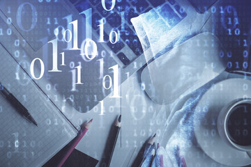 Double exposure of data drawing hologram over topview of study desk background with computer. Concept of Ai.