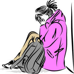 SAD YOUNG TEENAGER GIRL WITH BACKPACK SITTING DOWN VECTOR ILLUSTRATION