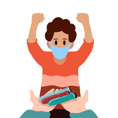 Happy man rejoice over the finished vaccine against the virus. Defeated the virus. The medicine against 2019-nCoV, Covid-19 is being tested. Doctors treat a patient. Vector flat cartoon illustration.