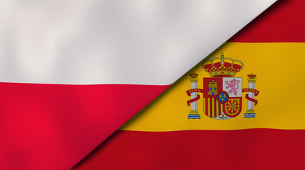 The flags of Poland and Spain. News, reportage, business background. 3d illustration