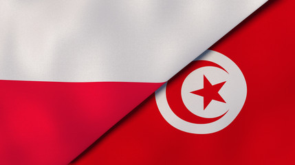 The flags of Poland and Tunisia. News, reportage, business background. 3d illustration